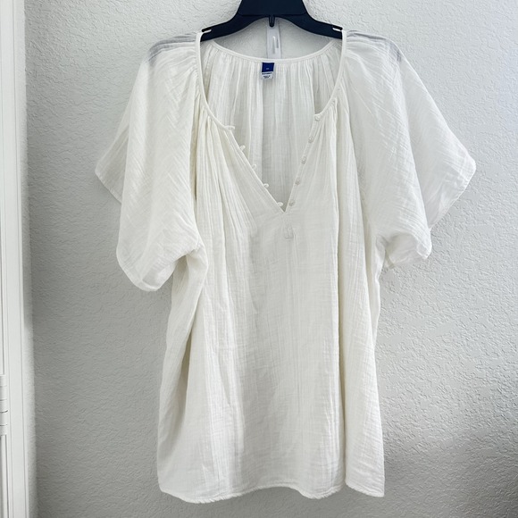 Old Navy Boxy Tunic Top 3X White Gauzy Cotton V Neck S/S Flowy Oversized Cottage - Picture 1 of 7